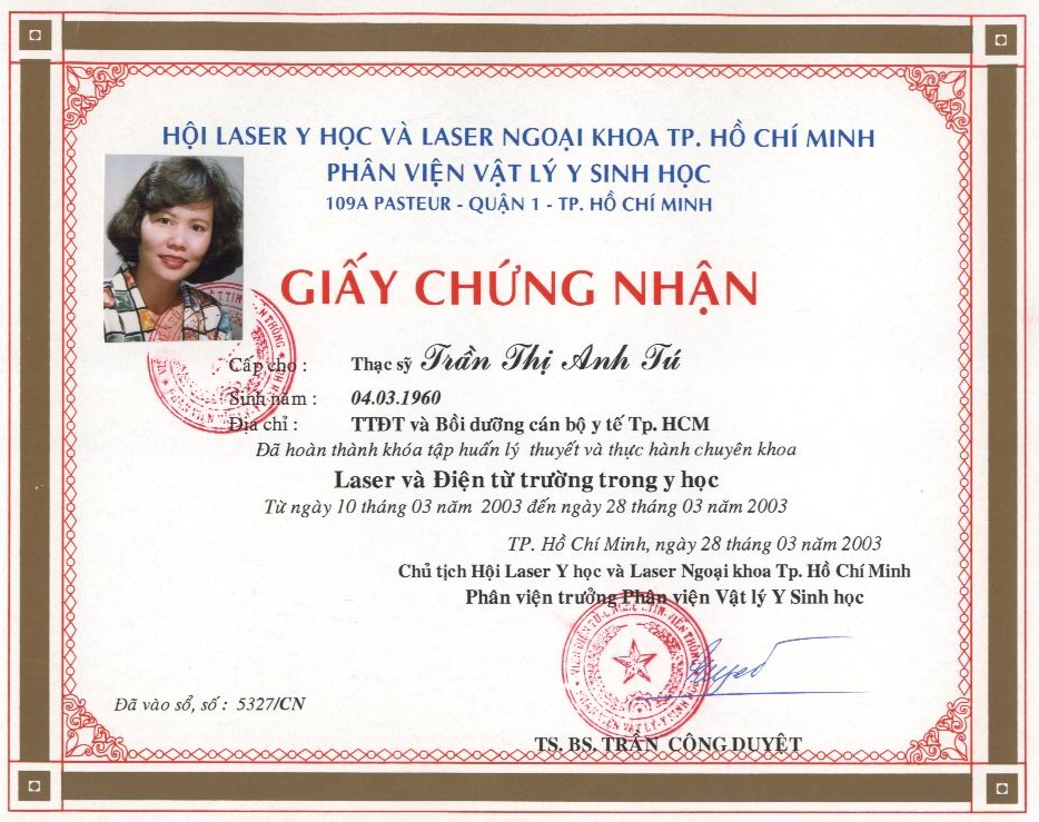Giấy chứng nhận khóa tập huấn Laser & Điện từ trường Y Học 2003